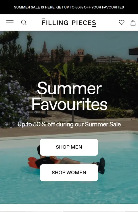 Filling Pieces on a mobile viewport: the full-bleed 'Summer Favourites' campaign hero with Shop Men and Shop Women buttons and a compact header