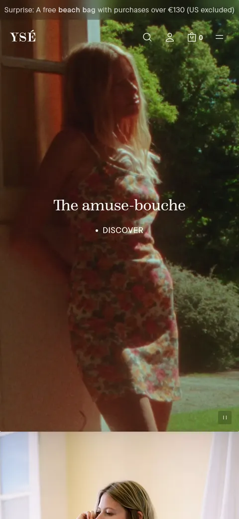 Ysé on a mobile viewport: the warm 'The amuse-bouche' film-still hero, full-bleed, with the YSÉ logo and menu