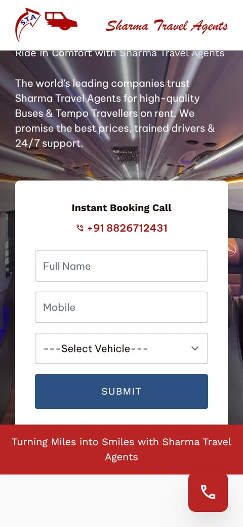 Sharma Travel Agent on a mobile viewport: the 'Ride in Comfort' hero with the Instant Booking Call form stacked directly beneath it