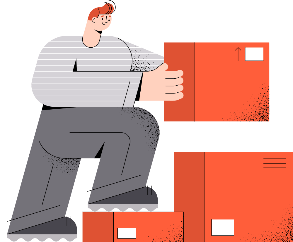 Illustration of a person carrying and stacking boxes, representing organizing SMS into one console