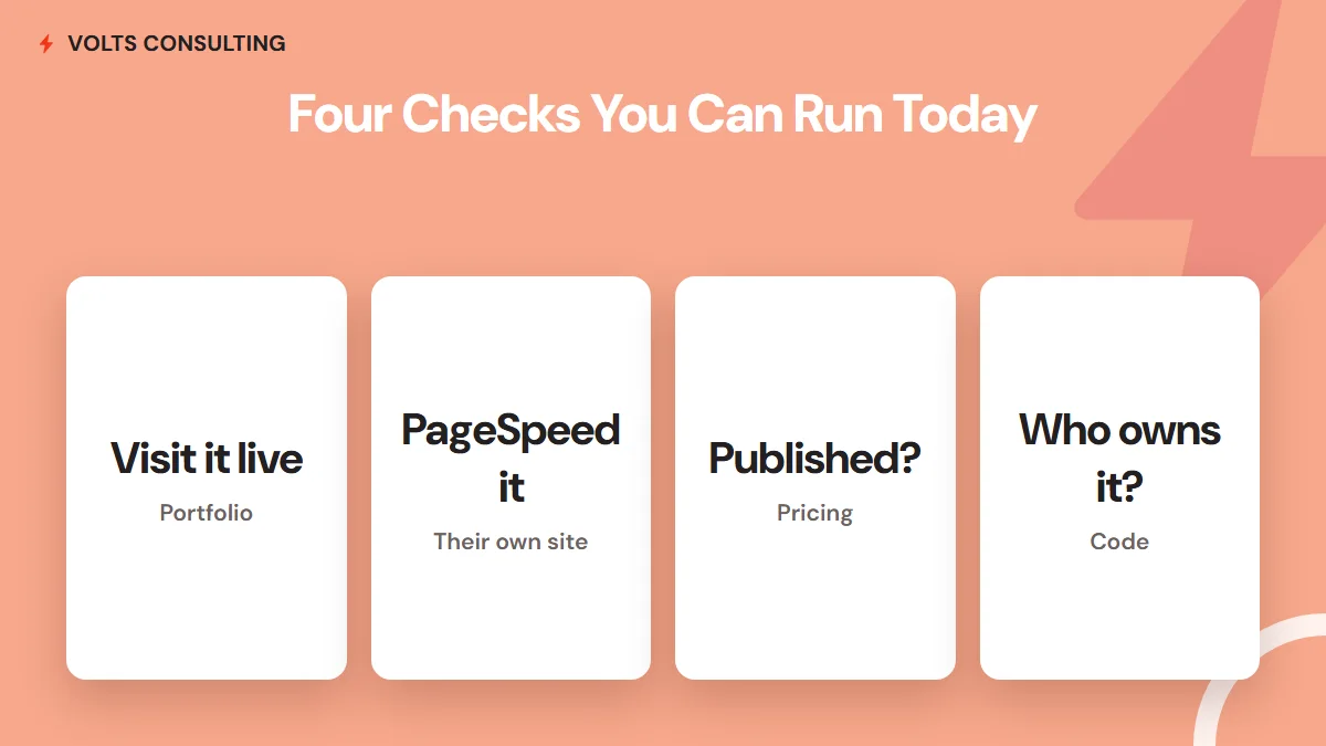 Four ways to vet a web design agency before any call: visit their portfolio sites live, run their own website through PageSpeed, look for published pricing, and check who owns the code