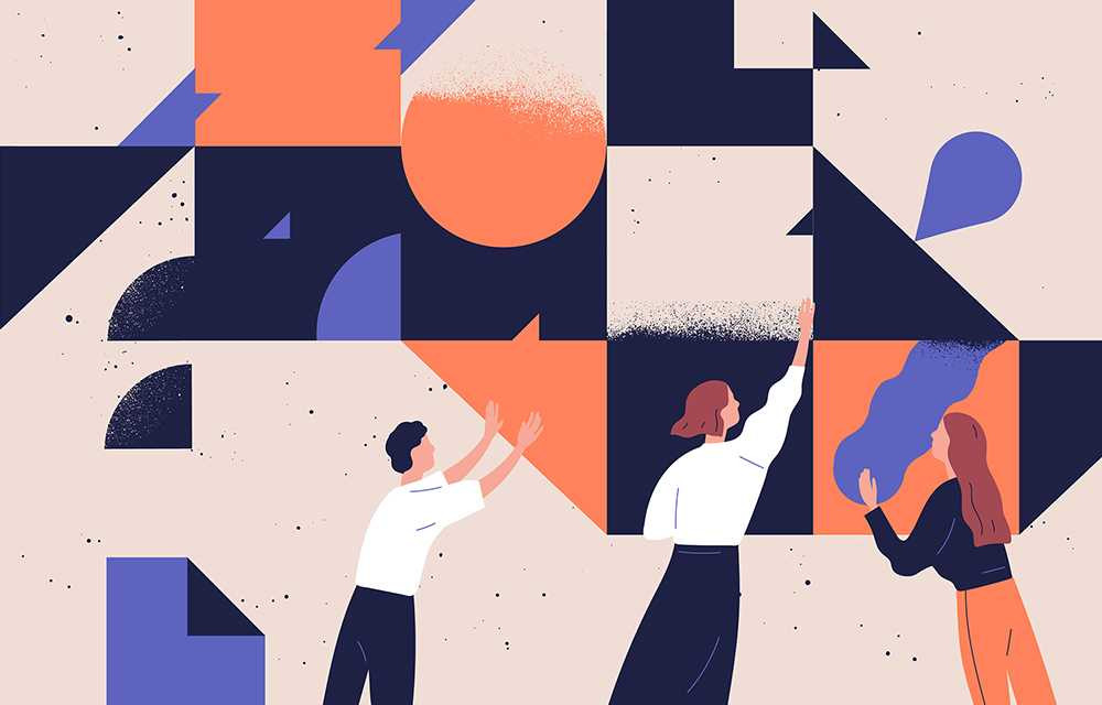 Illustrated collage of people reaching toward geometric orange and navy shapes
