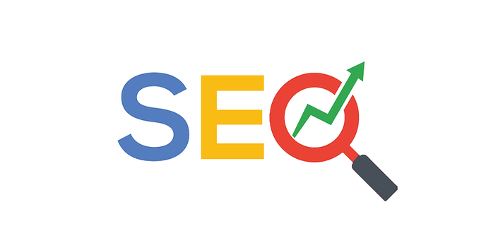 SEO lettering with a magnifying glass over a rising green arrow